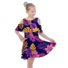 Tropical Pattern Kids  Shoulder Cutout Chiffon Dress