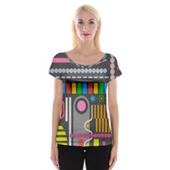 Pattern Geometric Abstract Colorful Arrow Line Circle Triangle Cap Sleeve Top by Bangk1t