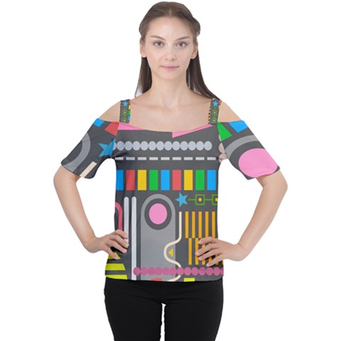 Pattern Geometric Abstract Colorful Arrow Line Circle Triangle Cutout Shoulder Tee by Bangk1t