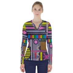 Pattern Geometric Abstract Colorful Arrow Line Circle Triangle V-neck Long Sleeve Top