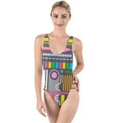 Pattern Geometric Abstract Colorful Arrow Line Circle Triangle High Leg Strappy Swimsuit