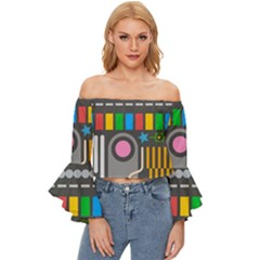 Pattern Geometric Abstract Colorful Arrow Line Circle Triangle Off Shoulder Flutter Bell Sleeve Top