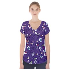 Eye Artwork Decor Eyes Pattern Purple Form Backgrounds Illustration Short Sleeve Front Detail Top by Bangk1t