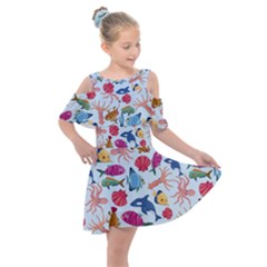Sea Creature Themed Artwork Underwater Background Pictures Kids  Shoulder Cutout Chiffon Dress by Bangk1t