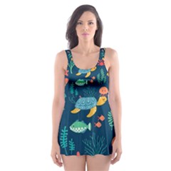 Variety Of Fish Illustration Turtle Jellyfish Art Texture Skater Dress Swimsuit by Bangk1t