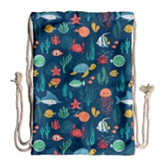 Variety Of Fish Illustration Turtle Jellyfish Art Texture Drawstring Bag (large)