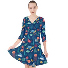 Variety Of Fish Illustration Turtle Jellyfish Art Texture Quarter Sleeve Front Wrap Dress