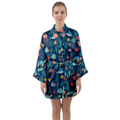 Variety Of Fish Illustration Turtle Jellyfish Art Texture Long Sleeve Satin Kimono