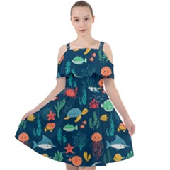 Variety Of Fish Illustration Turtle Jellyfish Art Texture Cut Out Shoulders Chiffon Dress