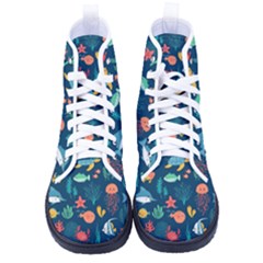 Variety Of Fish Illustration Turtle Jellyfish Art Texture Kid s High-top Canvas Sneakers by Bangk1t