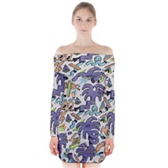 Purple Orange Green Blue Cartoon Long Sleeve Off Shoulder Dress