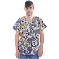 Purple Orange Green Blue Cartoon Men s V-neck Scrub Top