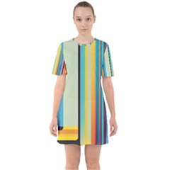 Colorful Rainbow Striped Pattern Stripes Background Sixties Short Sleeve Mini Dress