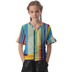 Colorful Rainbow Striped Pattern Stripes Background Kids  V-neck Horn Sleeve Blouse by Bangk1t