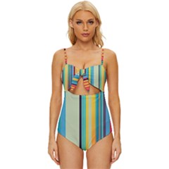 Colorful Rainbow Striped Pattern Stripes Background Knot Front One-piece Swimsuit by Bangk1t