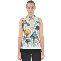 Mushroom Forest Fantasy Flower Nature Mock Neck Shell Top by Bangk1t