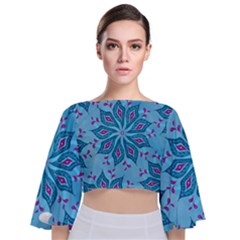 Flower Template Mandala Nature Blue Sketch Drawing Tie Back Butterfly Sleeve Chiffon Top by Bangk1t