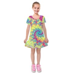 Fractal Spiral Abstract Background Vortex Yellow Kids  Short Sleeve Velvet Dress