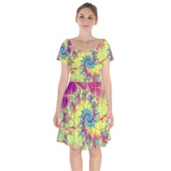 Fractal Spiral Abstract Background Vortex Yellow Short Sleeve Bardot Dress by Bangk1t