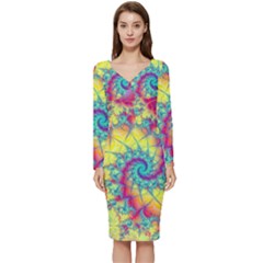 Fractal Spiral Abstract Background Vortex Yellow Long Sleeve V-neck Bodycon Dress  by Bangk1t