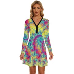 Fractal Spiral Abstract Background Vortex Yellow Long Sleeve Deep V Mini Dress  by Bangk1t