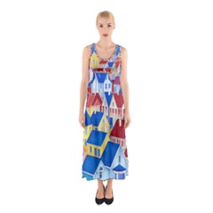 City Houses Cute Drawing Landscape Village Sleeveless Maxi Dress