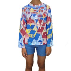 City Houses Cute Drawing Landscape Village Kids  Long Sleeve Swimwear