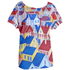 City Houses Cute Drawing Landscape Village Women s Oversized Tee