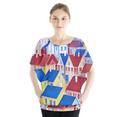 City Houses Cute Drawing Landscape Village Batwing Chiffon Blouse