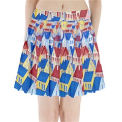 City Houses Cute Drawing Landscape Village Pleated Mini Skirt