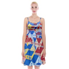 City Houses Cute Drawing Landscape Village Spaghetti Strap Velvet Dress