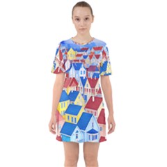 City Houses Cute Drawing Landscape Village Sixties Short Sleeve Mini Dress by Bangk1t