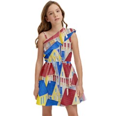 City Houses Cute Drawing Landscape Village Kids  One Shoulder Party Dress