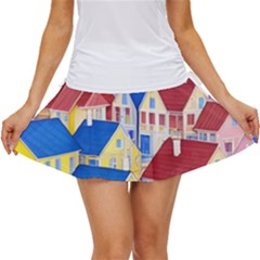 City Houses Cute Drawing Landscape Village Women s Skort