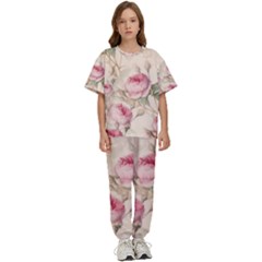 Roses Plants Vintage Retro Flowers Pattern Kids  Tee And Pants Sports Set