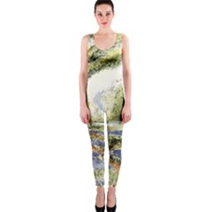 Trees Park Watercolor Lavender Flowers Foliage One Piece Catsuit by Bangk1t