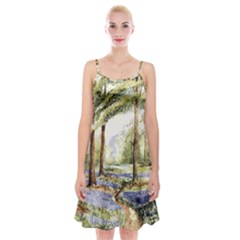 Trees Park Watercolor Lavender Flowers Foliage Spaghetti Strap Velvet Dress