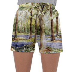 Trees Park Watercolor Lavender Flowers Foliage Sleepwear Shorts