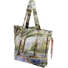 Trees Park Watercolor Lavender Flowers Foliage Drawstring Tote Bag by Bangk1t