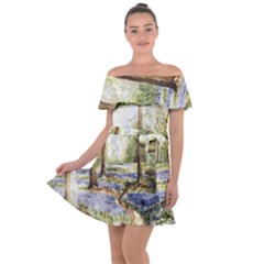 Trees Park Watercolor Lavender Flowers Foliage Off Shoulder Velour Dress