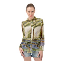 Trees Park Watercolor Lavender Flowers Foliage Long Sleeve Chiffon Shirt