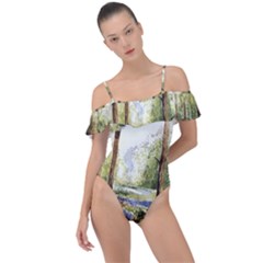 Trees Park Watercolor Lavender Flowers Foliage Frill Detail One Piece Swimsuit by Bangk1t