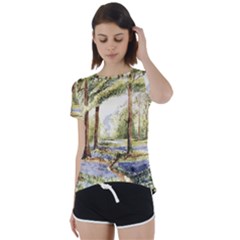 Trees Park Watercolor Lavender Flowers Foliage Short Sleeve Open Back Tee by Bangk1t
