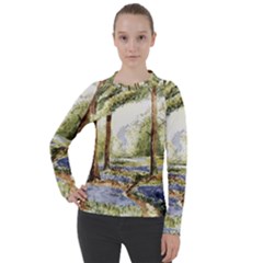 Trees Park Watercolor Lavender Flowers Foliage Women s Pique Long Sleeve Tee