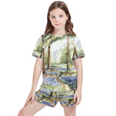 Trees Park Watercolor Lavender Flowers Foliage Kids  Tee And Sports Shorts Set