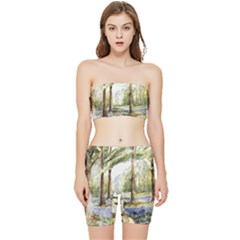 Trees Park Watercolor Lavender Flowers Foliage Stretch Shorts And Tube Top Set by Bangk1t