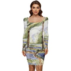 Trees Park Watercolor Lavender Flowers Foliage Women Long Sleeve Ruched Stretch Jersey Dress