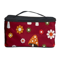 Woodland Mushroom And Daisy Seamless Pattern On Red Backgrounds Cosmetic Storage Case by Amaryn4rt