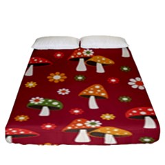 Woodland Mushroom And Daisy Seamless Pattern On Red Backgrounds Fitted Sheet (king Size) by Amaryn4rt