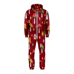 Woodland Mushroom And Daisy Seamless Pattern On Red Backgrounds Hooded Jumpsuit (kids)